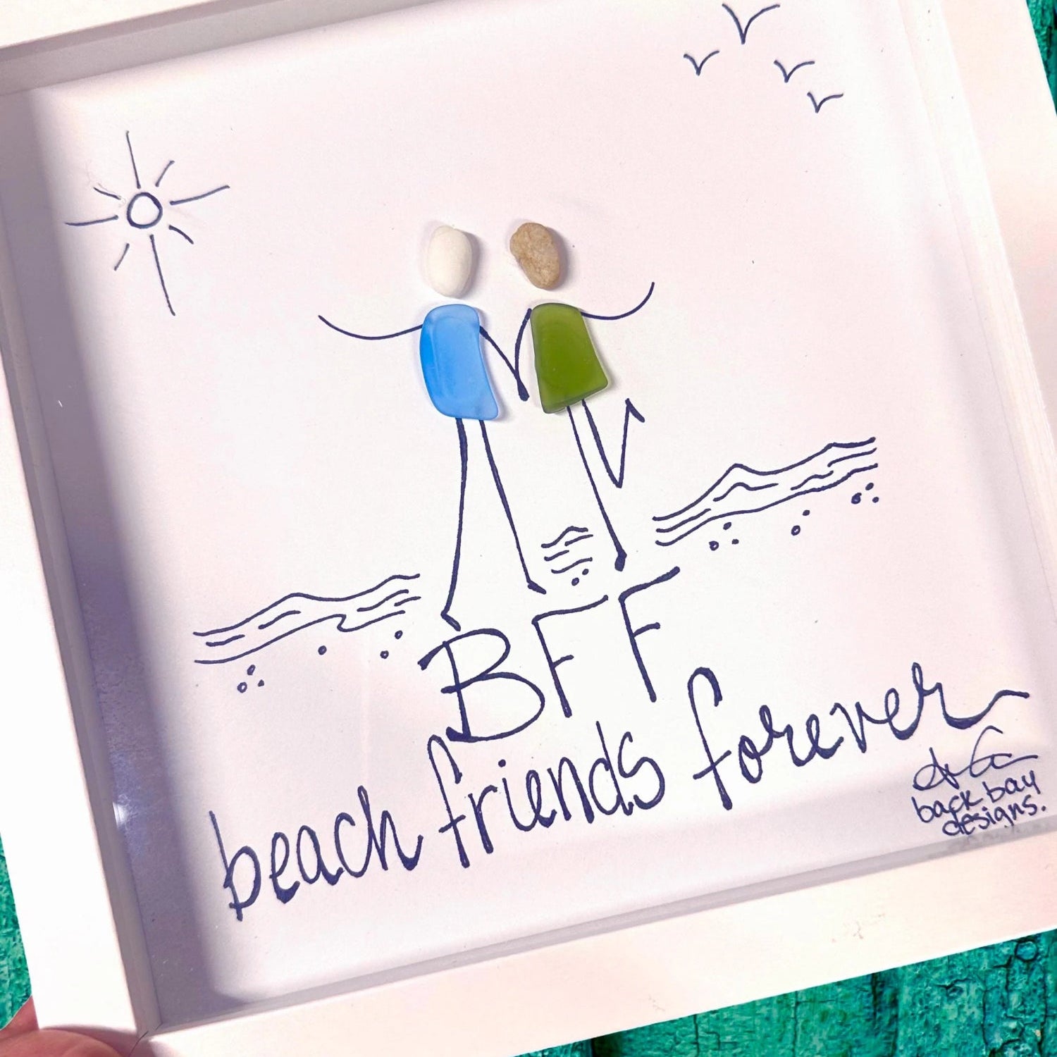 BFF Beach Friends Forever 8 inch sea glass art zoom in handheld 