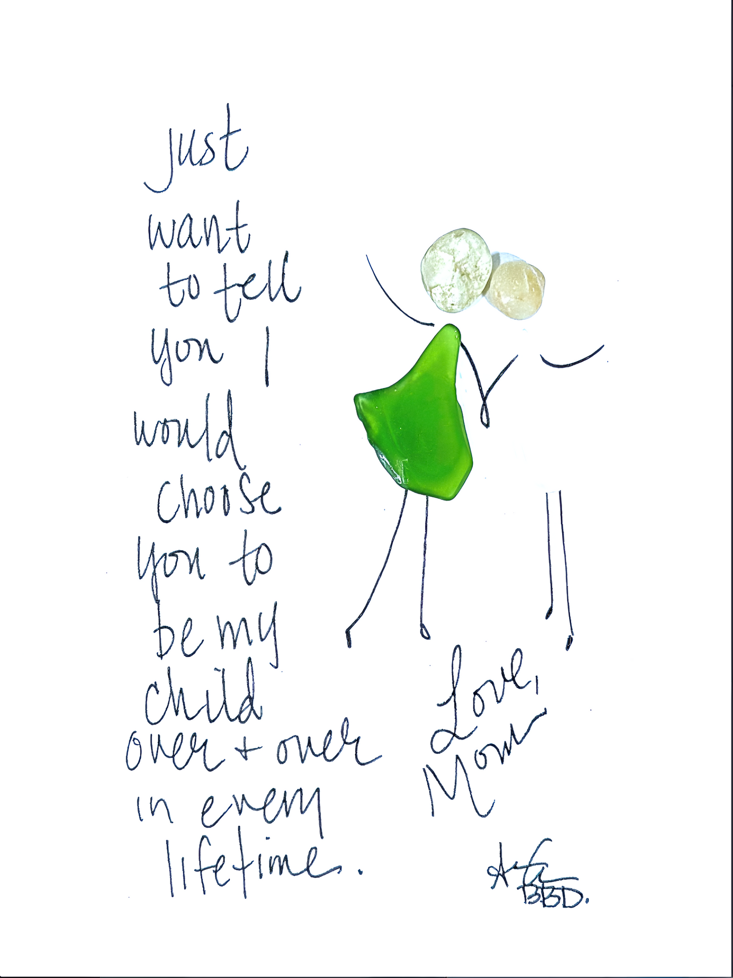 Be My Child In Every Lifetime - SLIM Sea Glass Art,  5x7 Whitewash Frame
