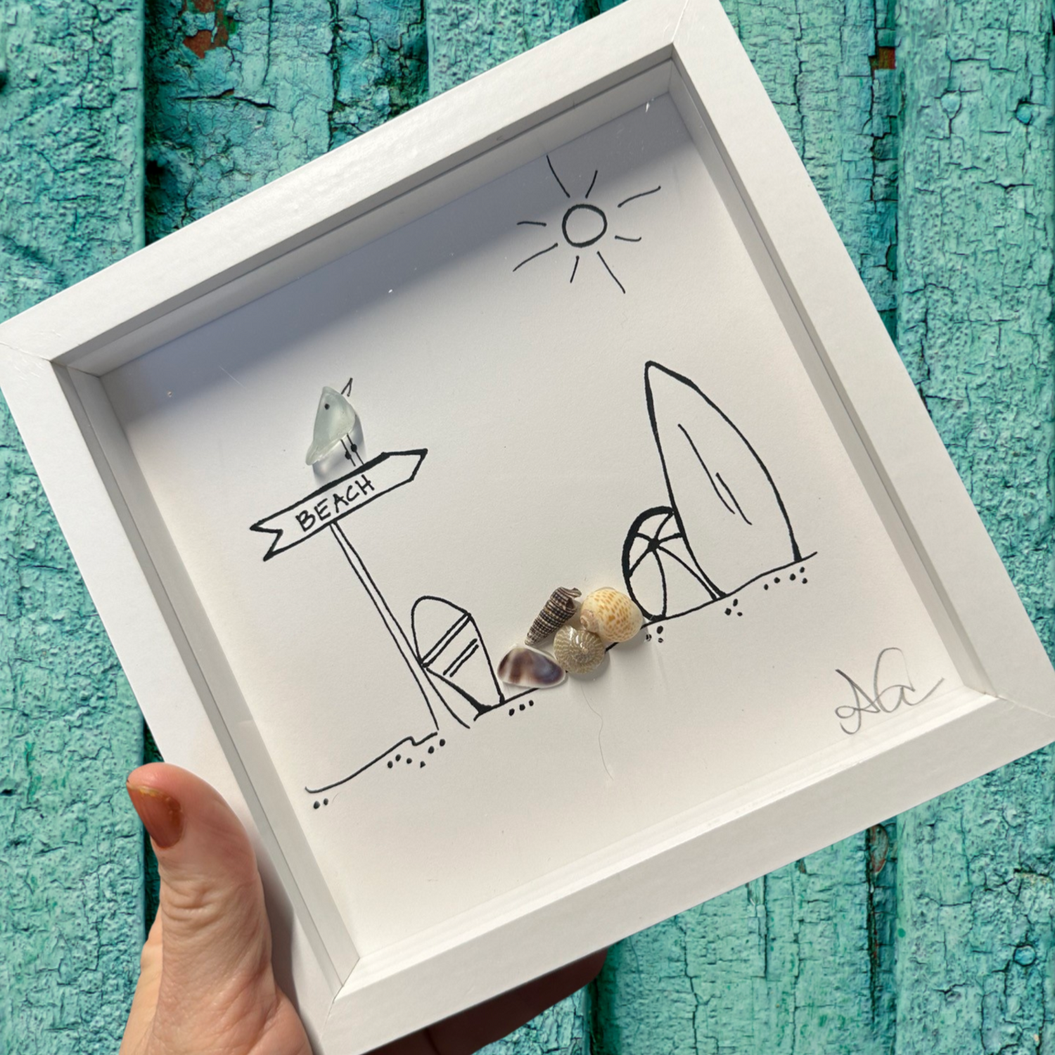 Beach_Sign with shells_MINI sea glass art 