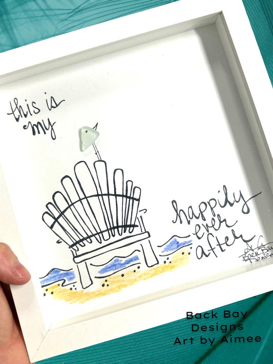 Beach Chair Happily Ever After (with color) - Sea Glass Art, Coastal Travel Retirement Gift