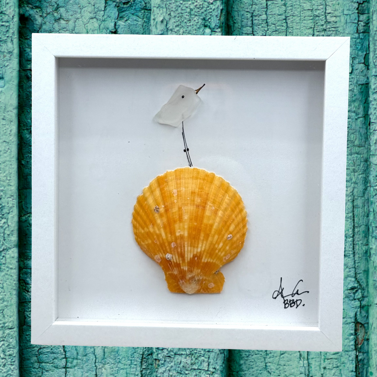 Bird on Shell MINI - Sea Glass Art - 6x6 Framed