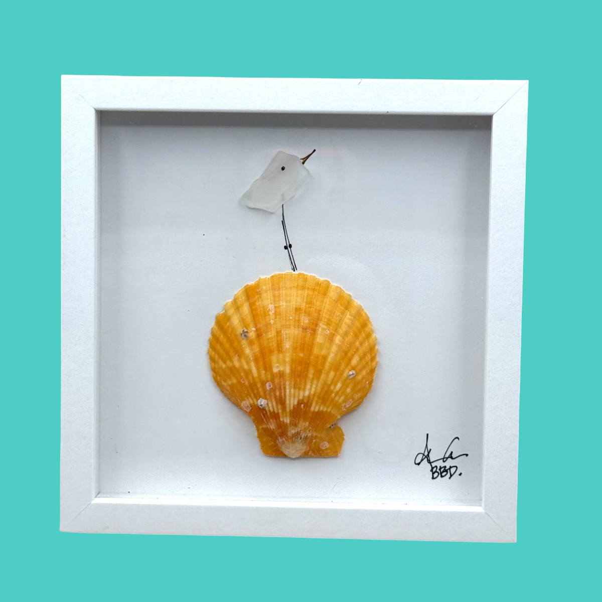 Bird on Shell MINI - Sea Glass Art - 6x6 Framed
