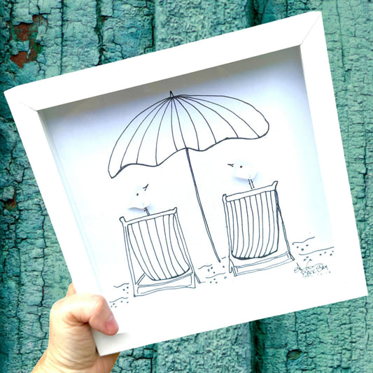 Birds on Beach Chairs under Umbrella 8 inch sea glass art
