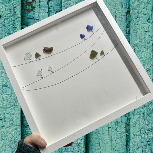 Birds on a wire three wires nine birds sea glass art 