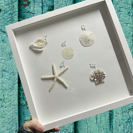 Birds perched on Shells Starfish sea glass art 