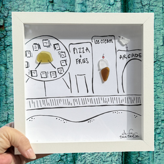 Boardwalk stroll 8x8 inch framed sea glass art 