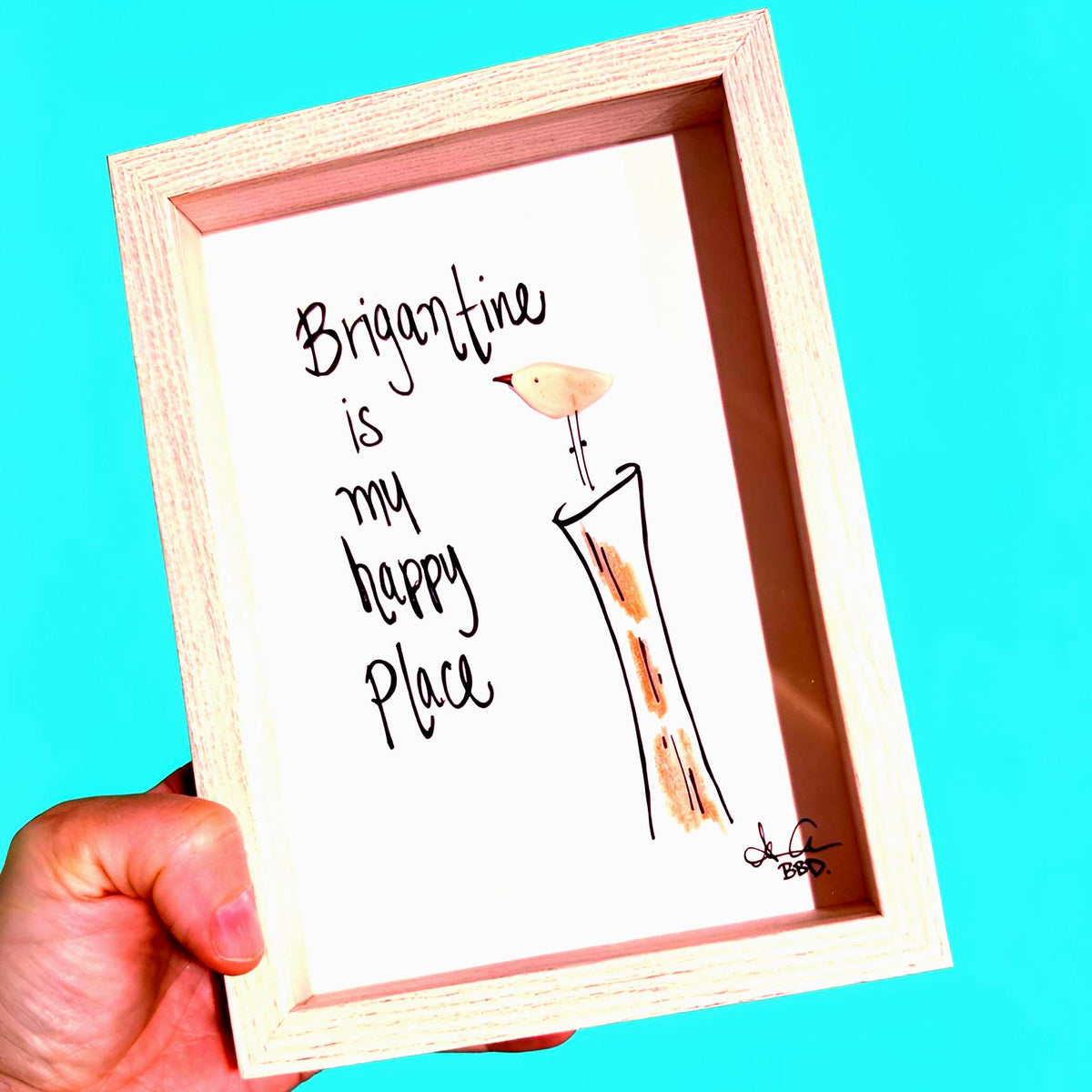 Brigantine Is My Happy Place - SLIM Sea Glass Art,  5x7 Whitewash Frame