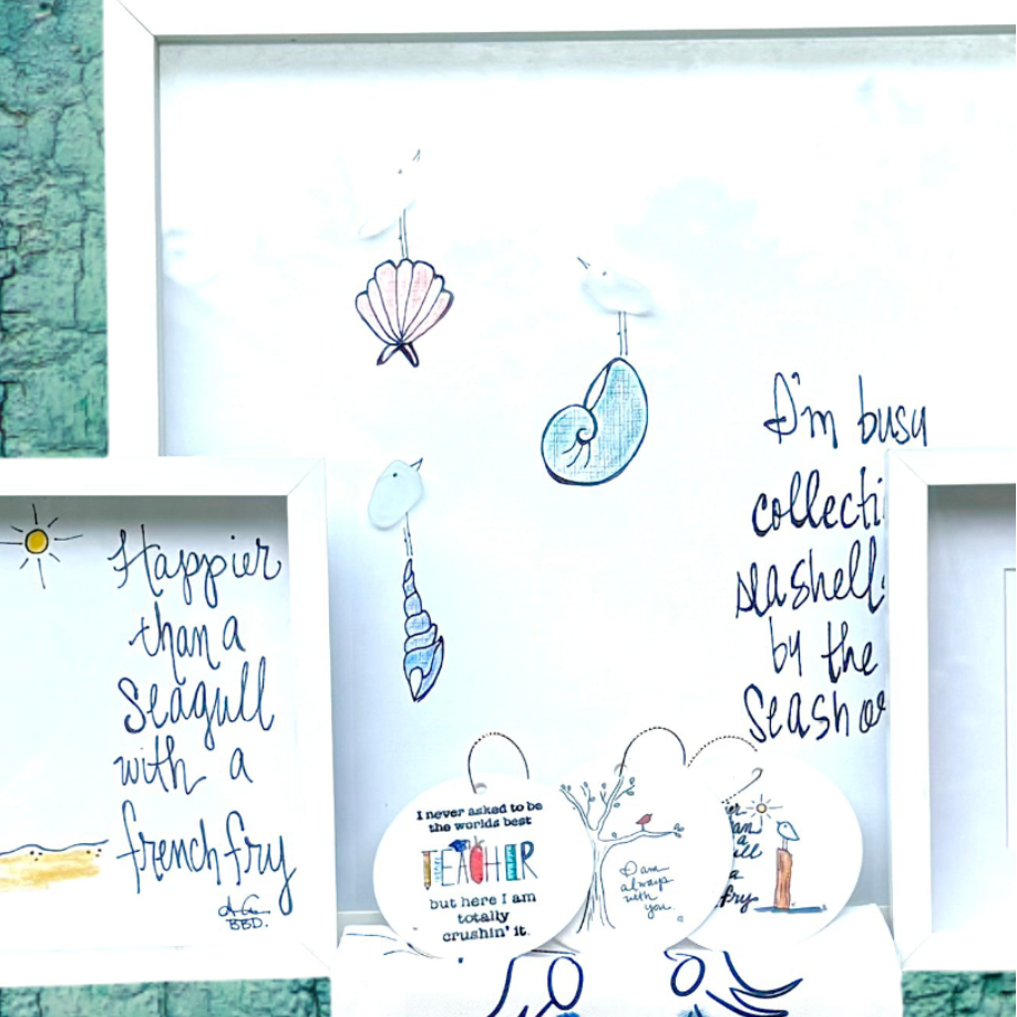"Im busy collecting seashelss by the seashore" 12x12 MAXI 3 sea glass birds perched on 3 hand drawn seashells 