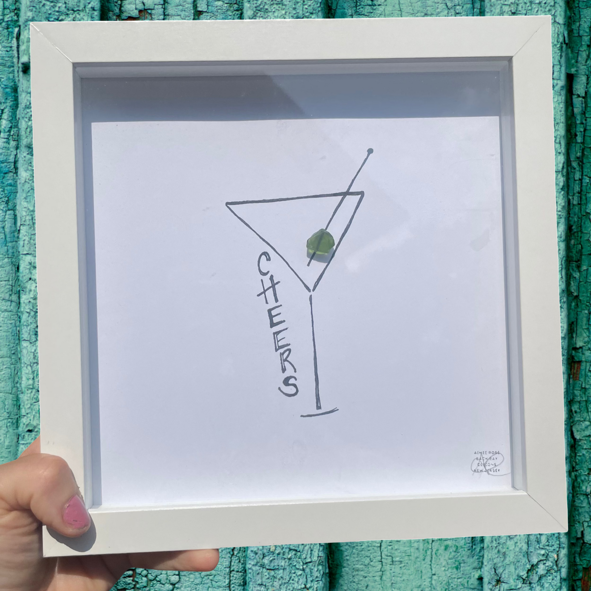 Cheers Martini 8 inch sea glass art 