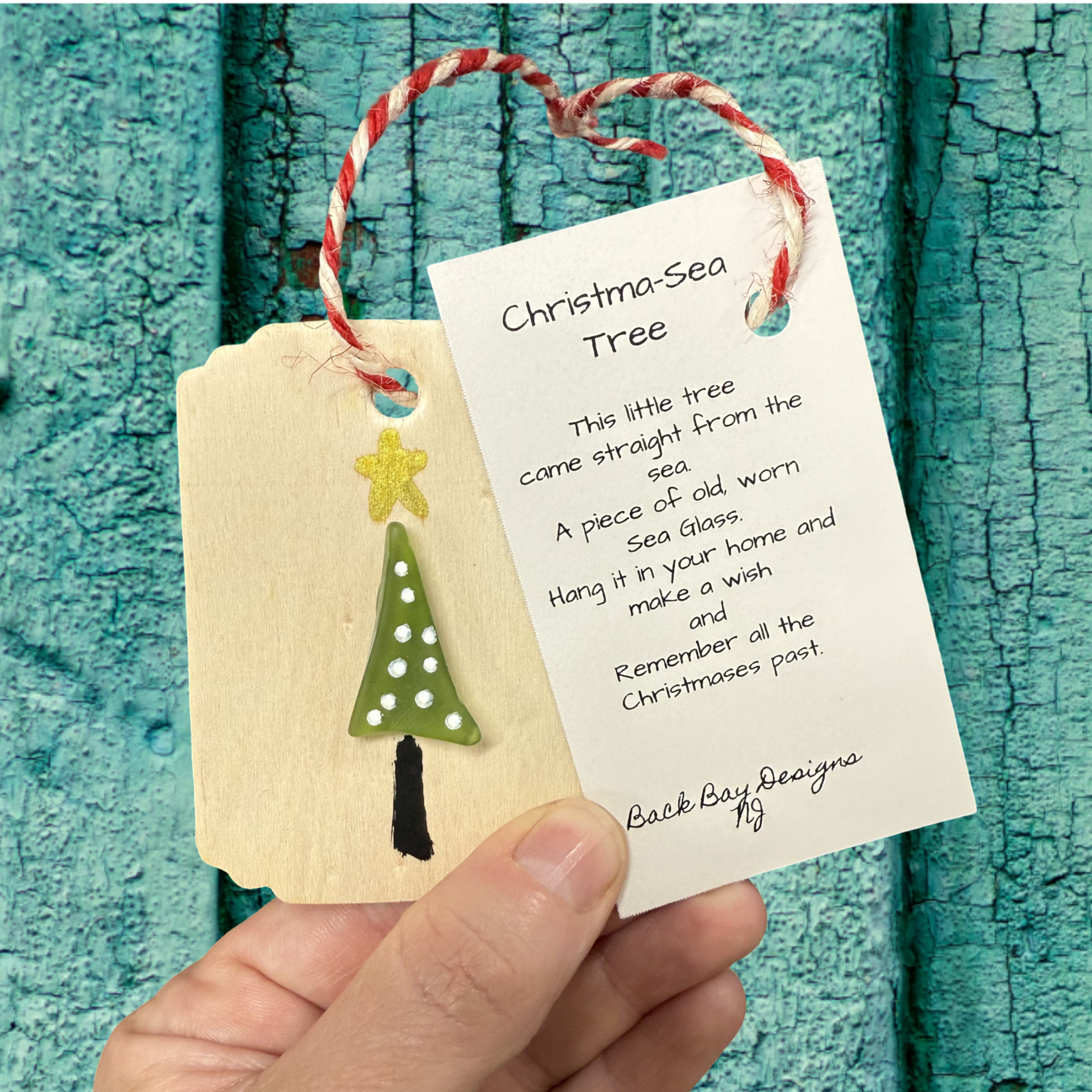 Christma-Sea Tree Wishing Charm wodd and sea glass Ornament
