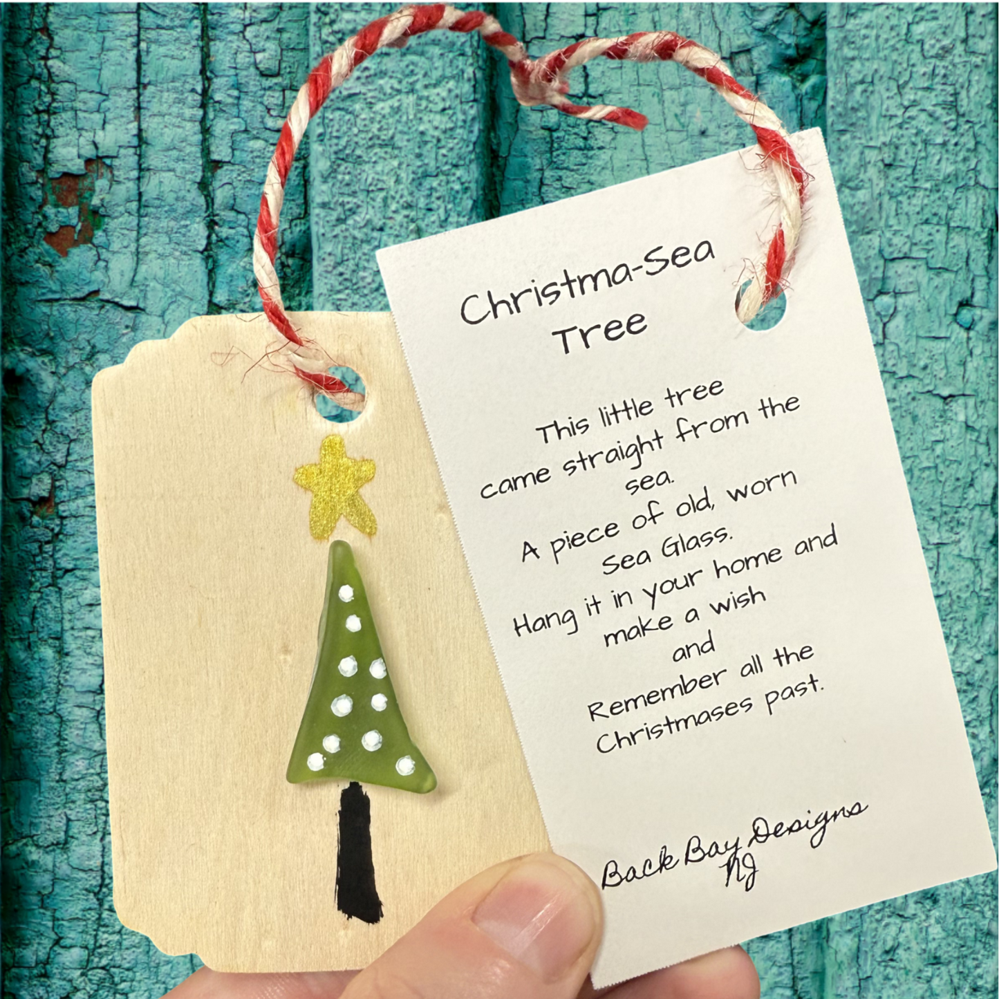 Christma-Sea Tree Wishing Charm Sea Glass  and Wood Ornament - "This little tree came straight from the sea, a piece of old worn Sea Glass. Hang it in your home and make a wish, and remember all the Christmases past."