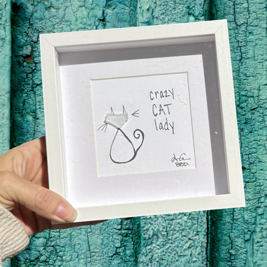 Crazy Cat Lady MINI 6x6 sea glass art 