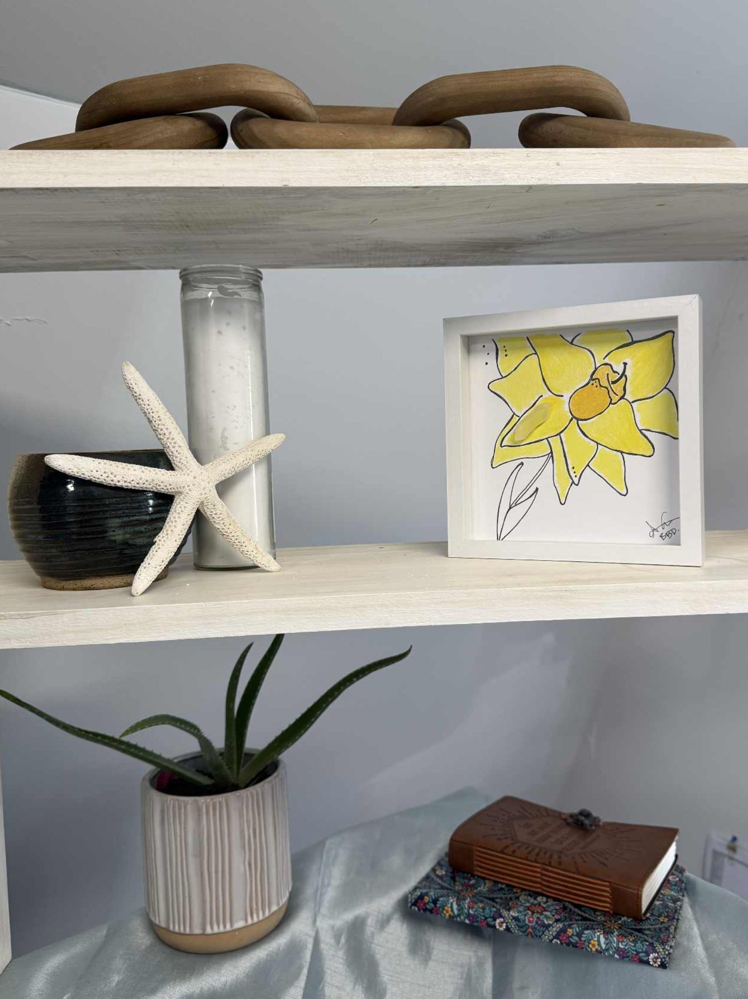 Daffodil Yellow 6in MINI sea glass art on shelf 3 tier 