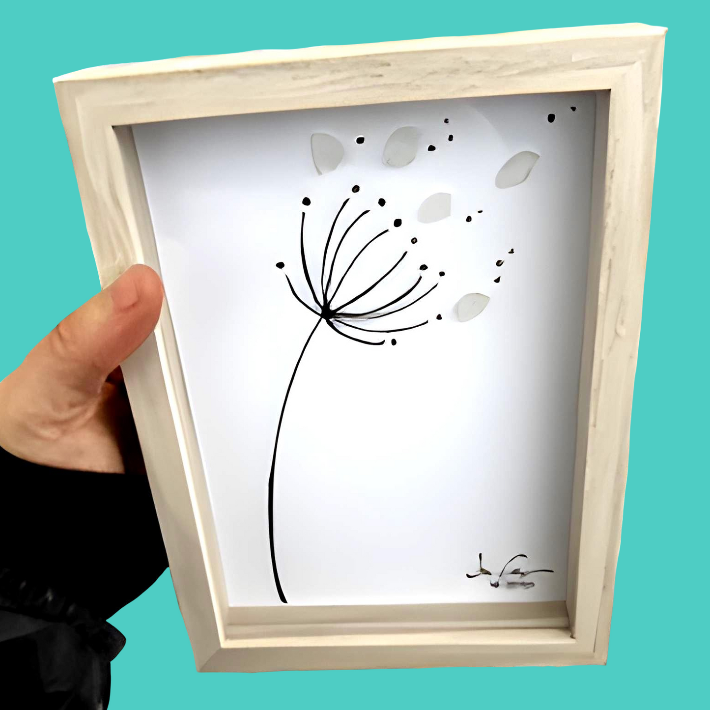 Dandelion in Breeze - SLIM Sea Glass Art,  5x7 Whitewash Frame