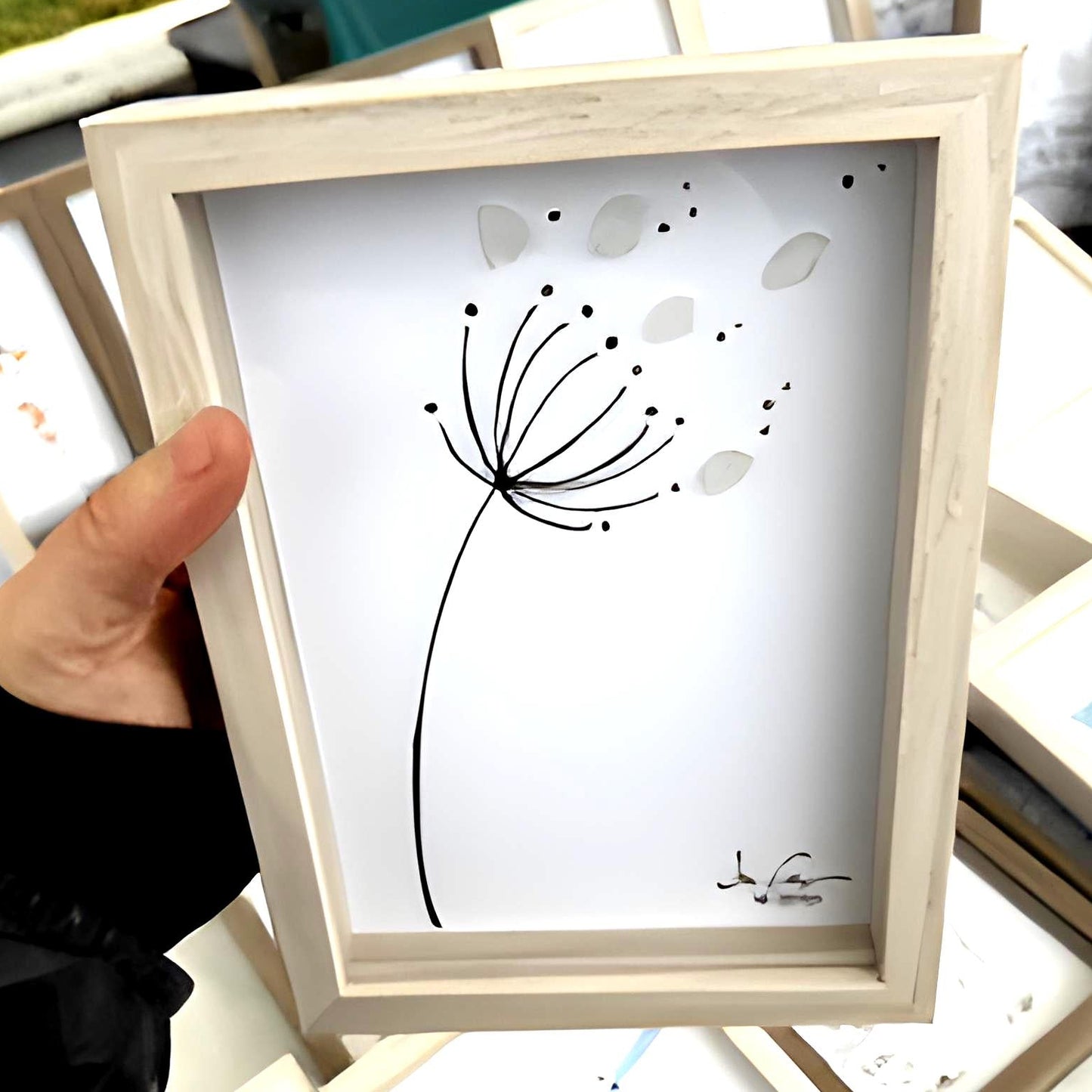 Dandelion in Breeze - SLIM Sea Glass Art,  5x7 Whitewash Frame