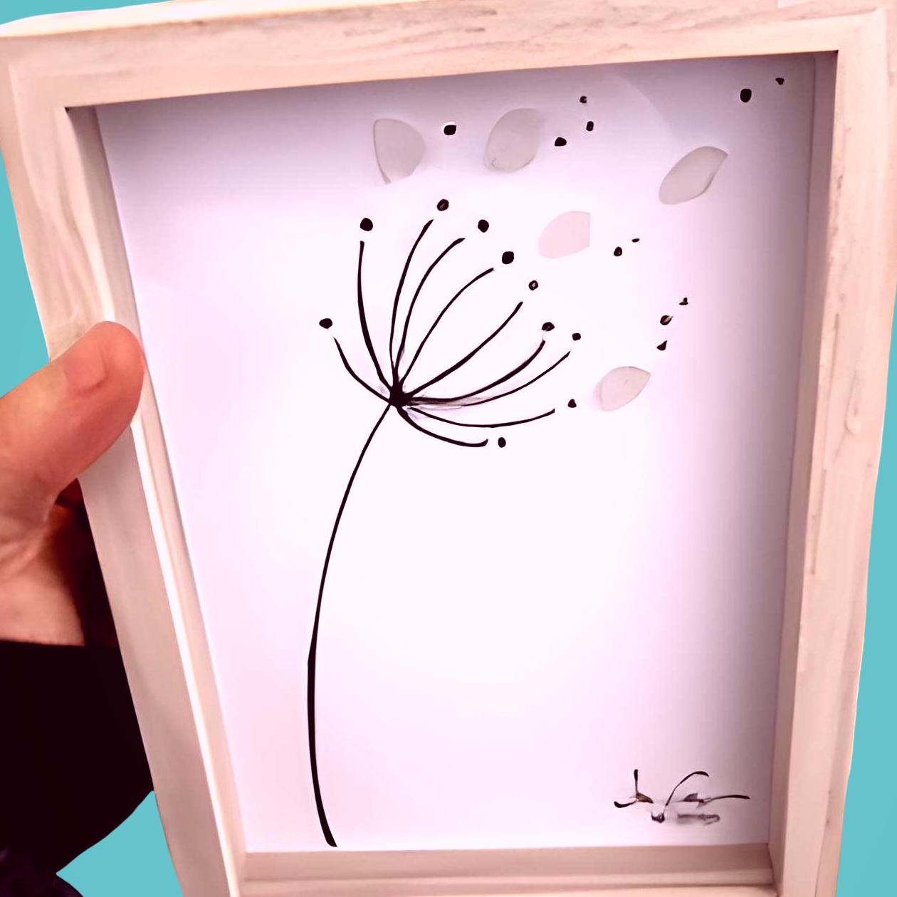 Dandelion in Breeze - SLIM Sea Glass Art,  5x7 Whitewash Frame