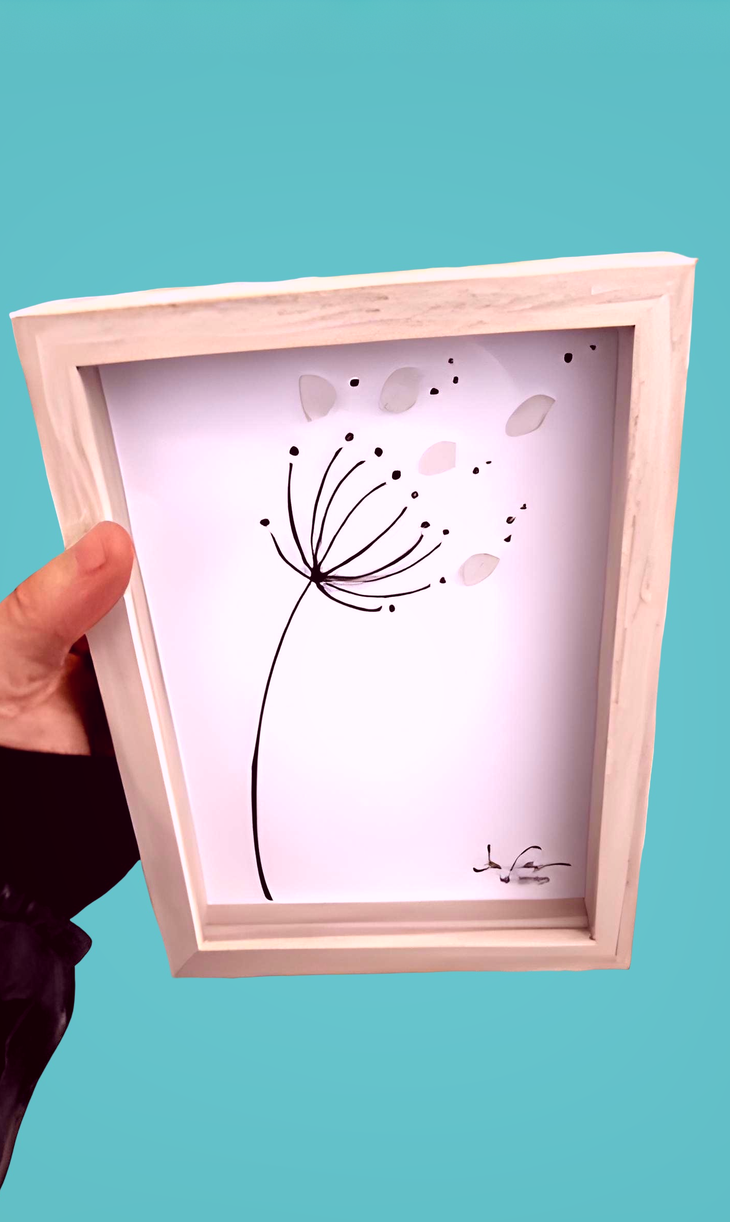 Dandelion in Breeze - SLIM Sea Glass Art,  5x7 Whitewash Frame
