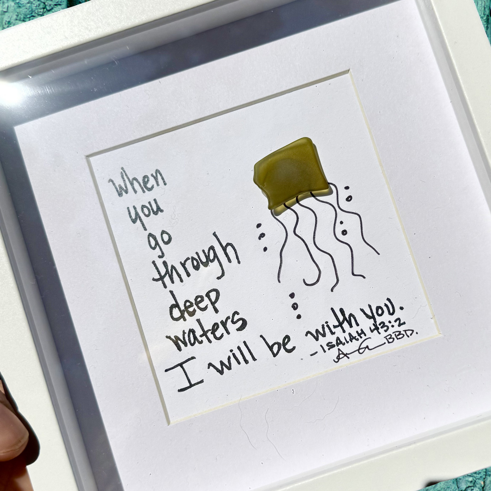 When you go through deep waters I will be with you Isaiah bible quote Jellyfish 6 inch MINI sea glass art back bay designs 