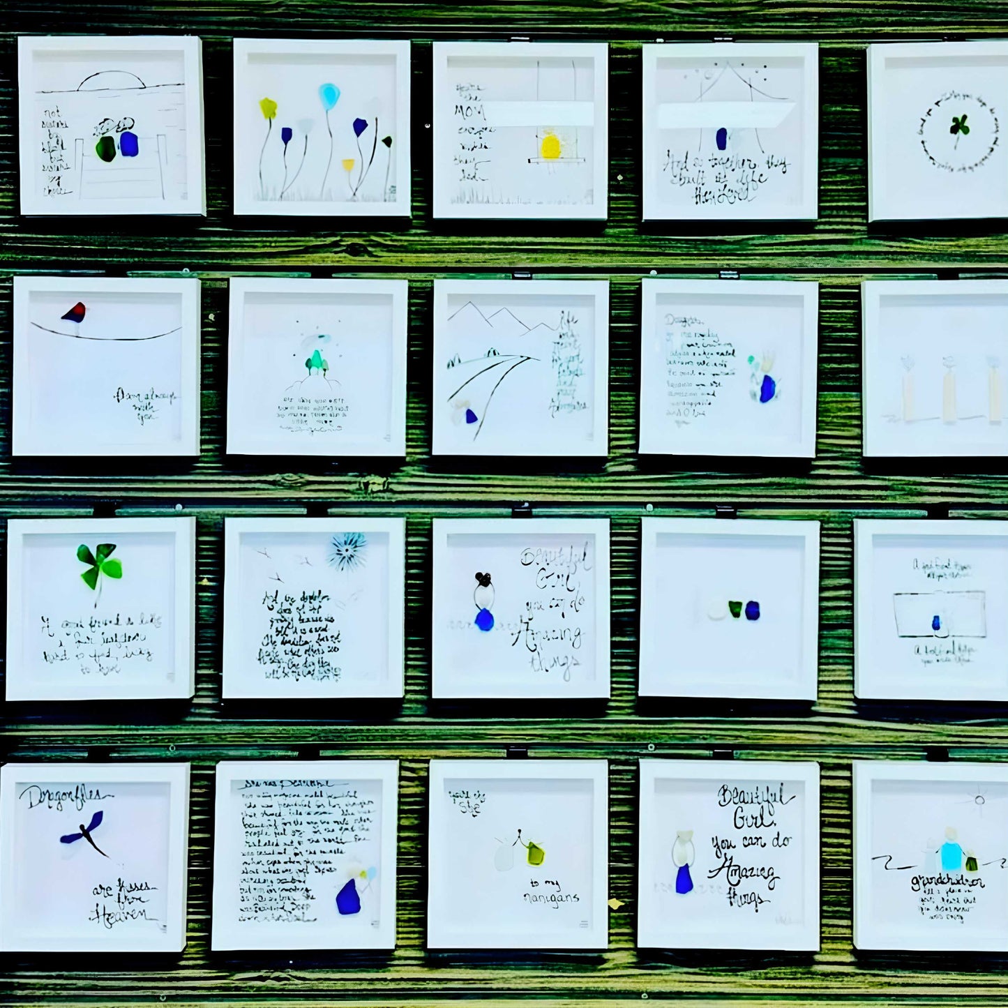 Assorted 8inch on Green Wood Wall  framed sea glass art 