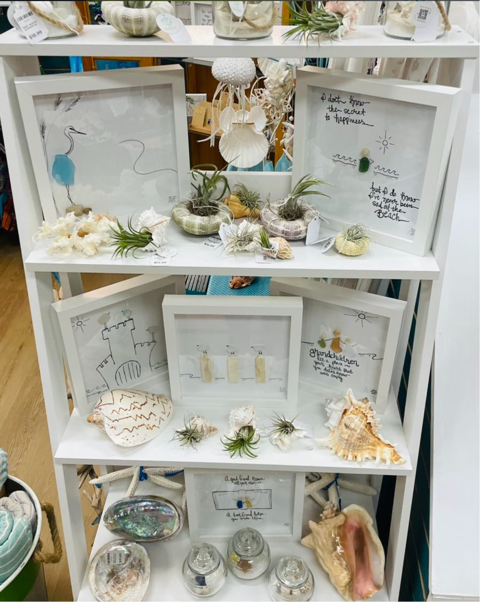 Assorted 8in sea glass art with airplants, 3 birds on piling, grandchildren, friend write adventures, secret to happiness, heron, sandcastle