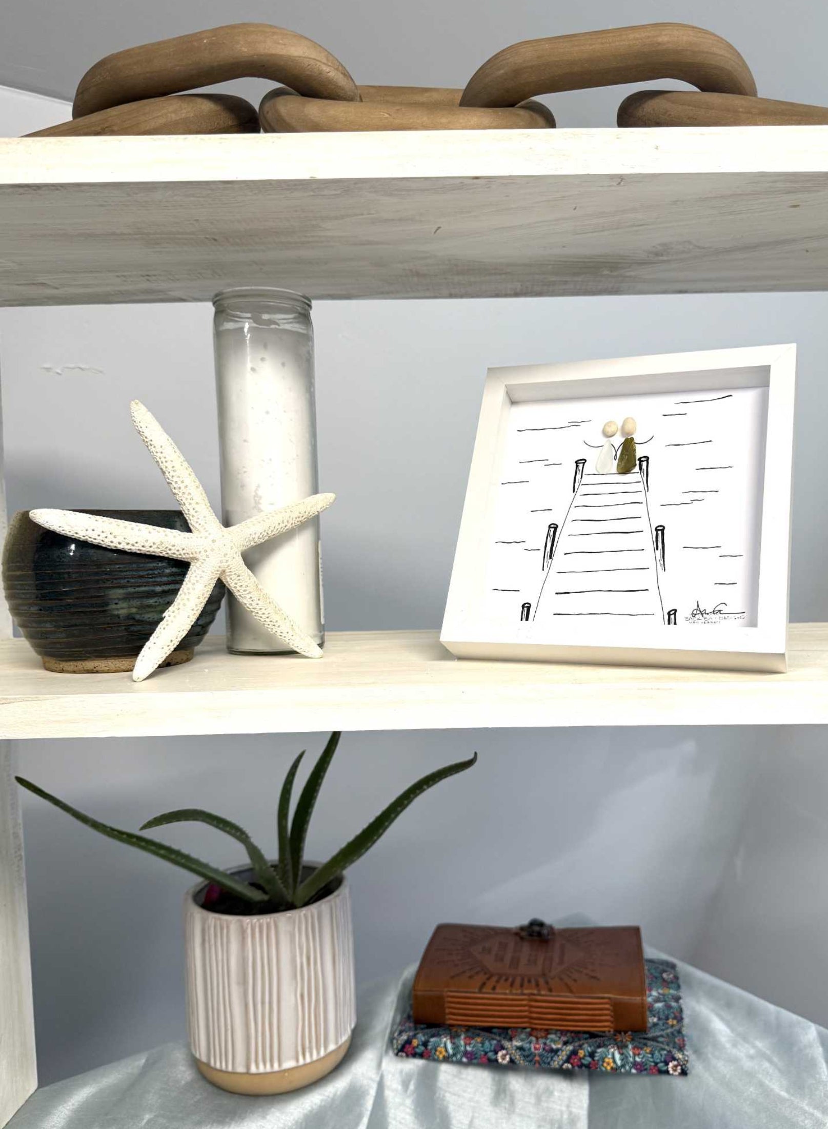 Dockside MINI sea glass art 6in on a shelf 