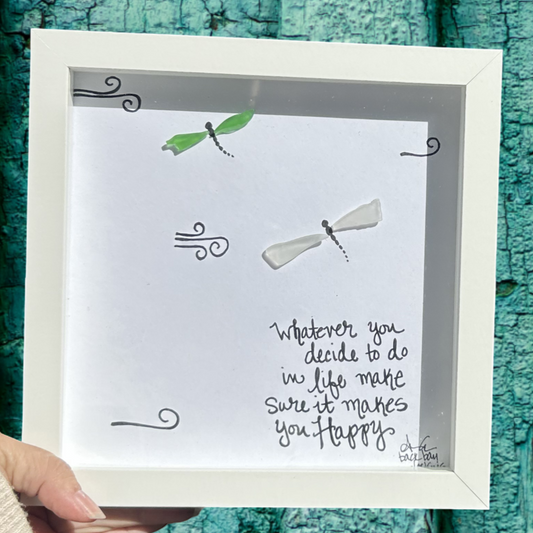 Dragonfly Happy 8x8 inch sea glass art 