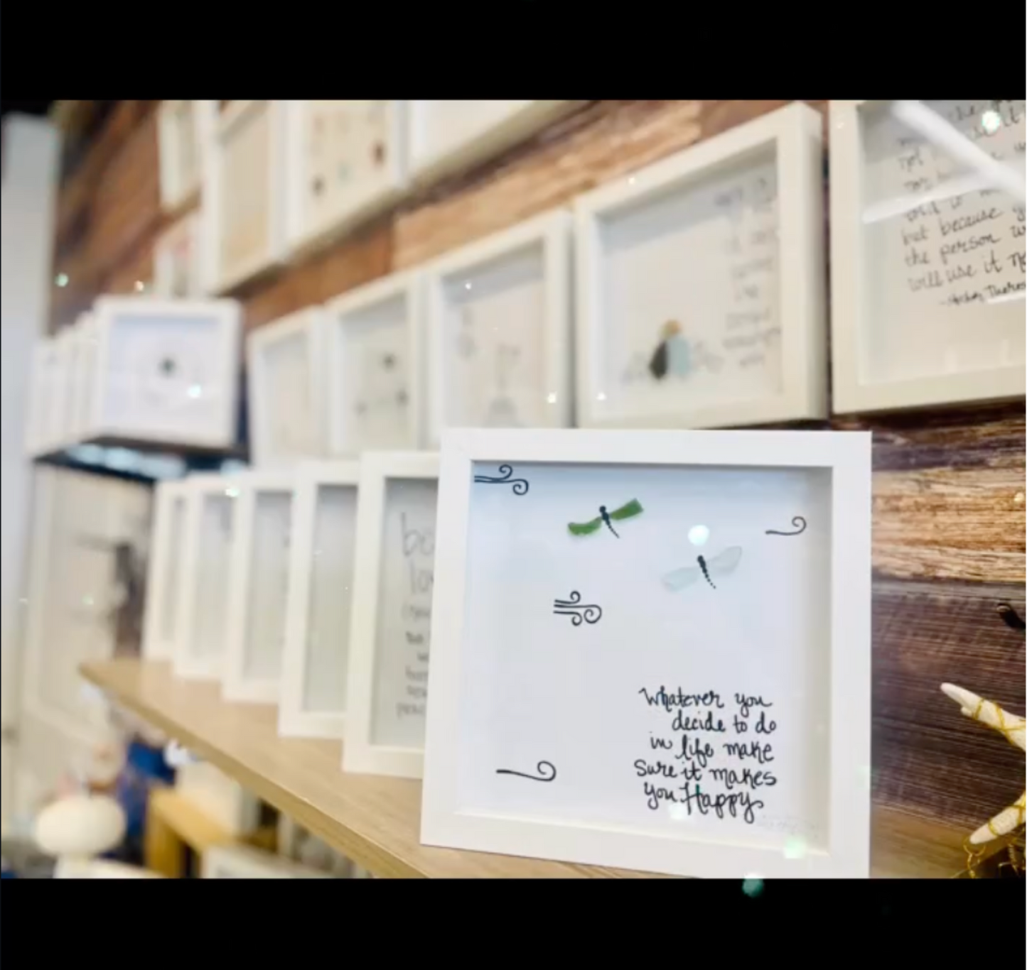 Dragonfly happy 8in sea glass art on shelf and wall