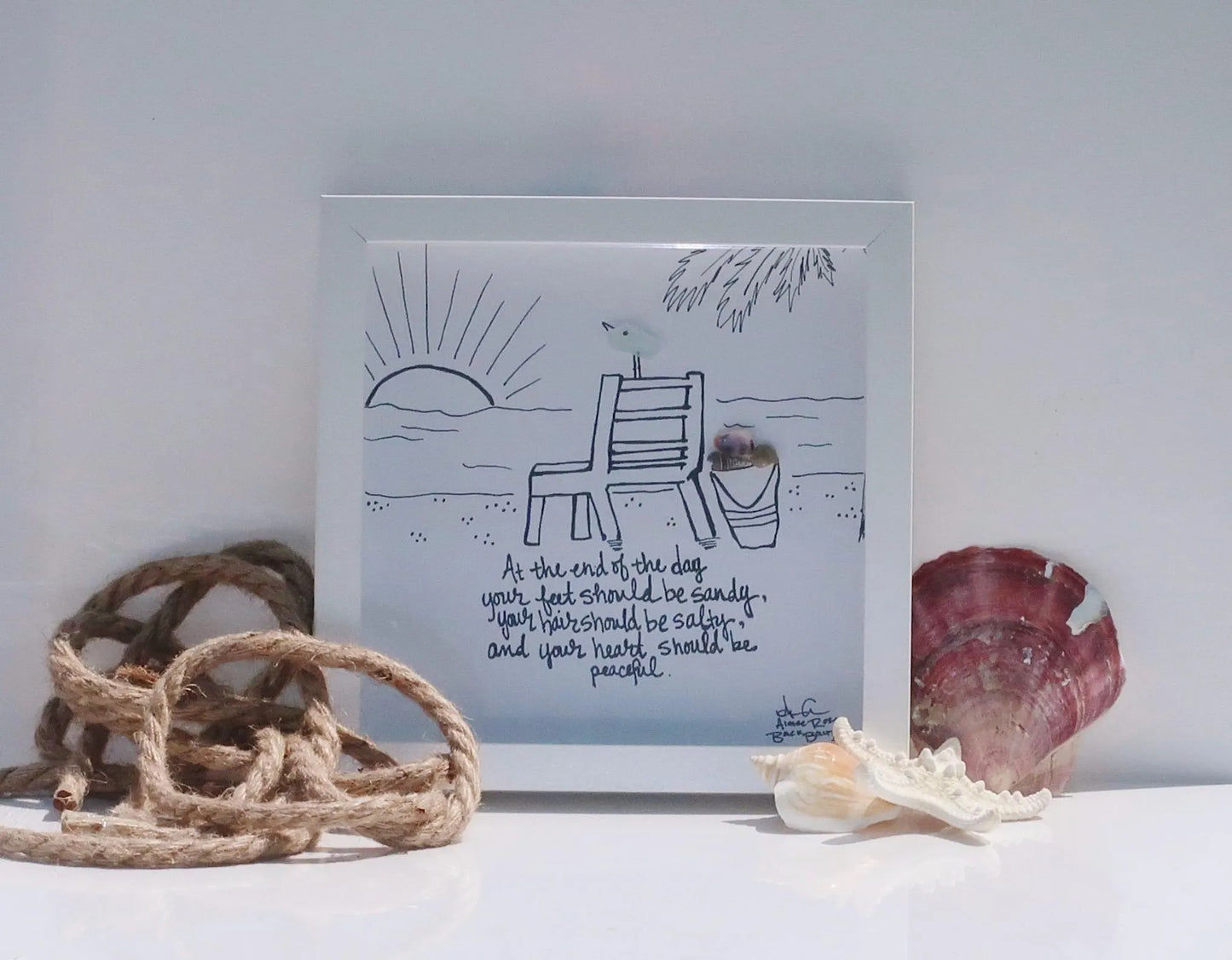 At The End Of The Day - Coastal Sea Glass Art, Family Friends Gift, Beach House Decor, 8x8 Framed
