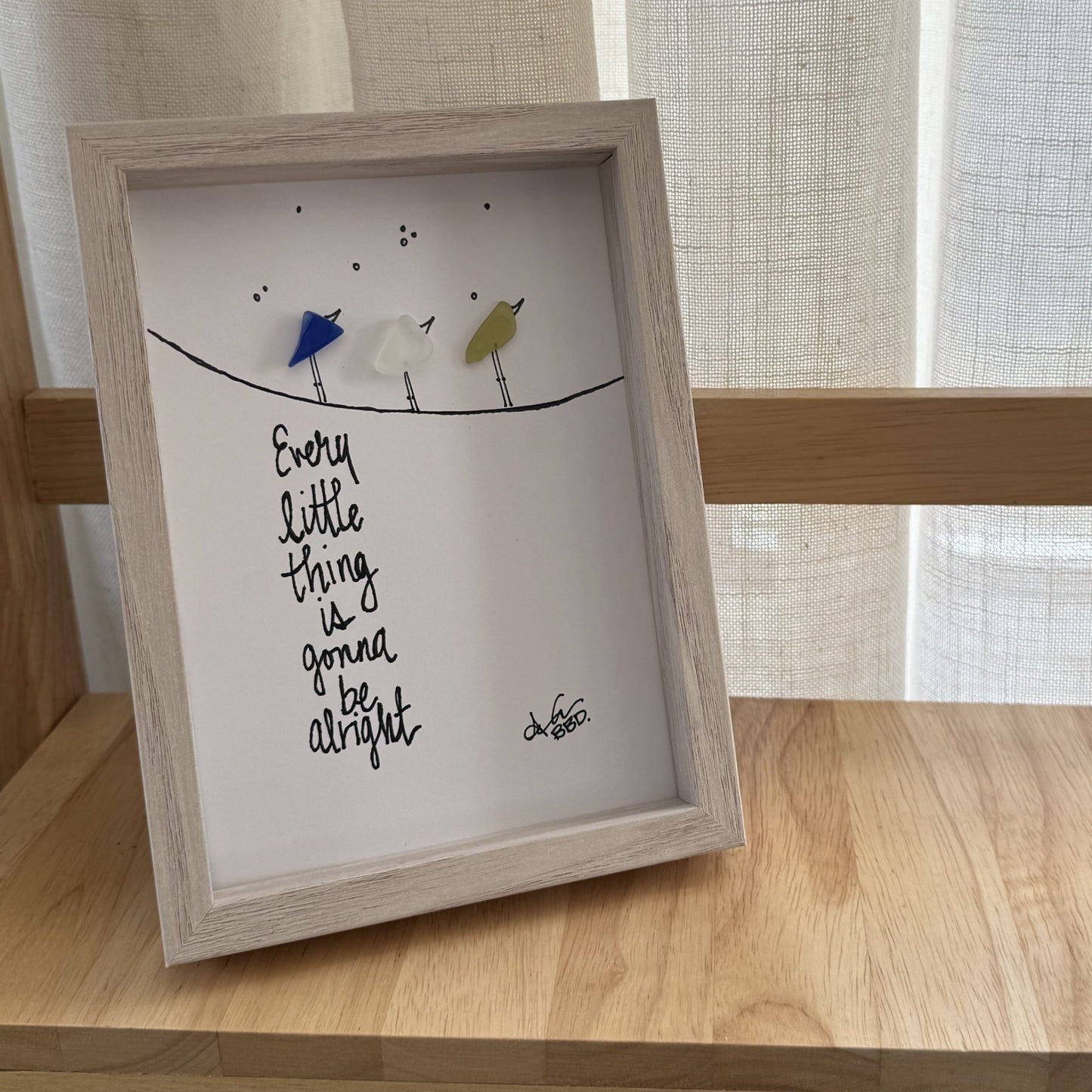 Every little thing 5x7 whitewash frame on shelf with curtain