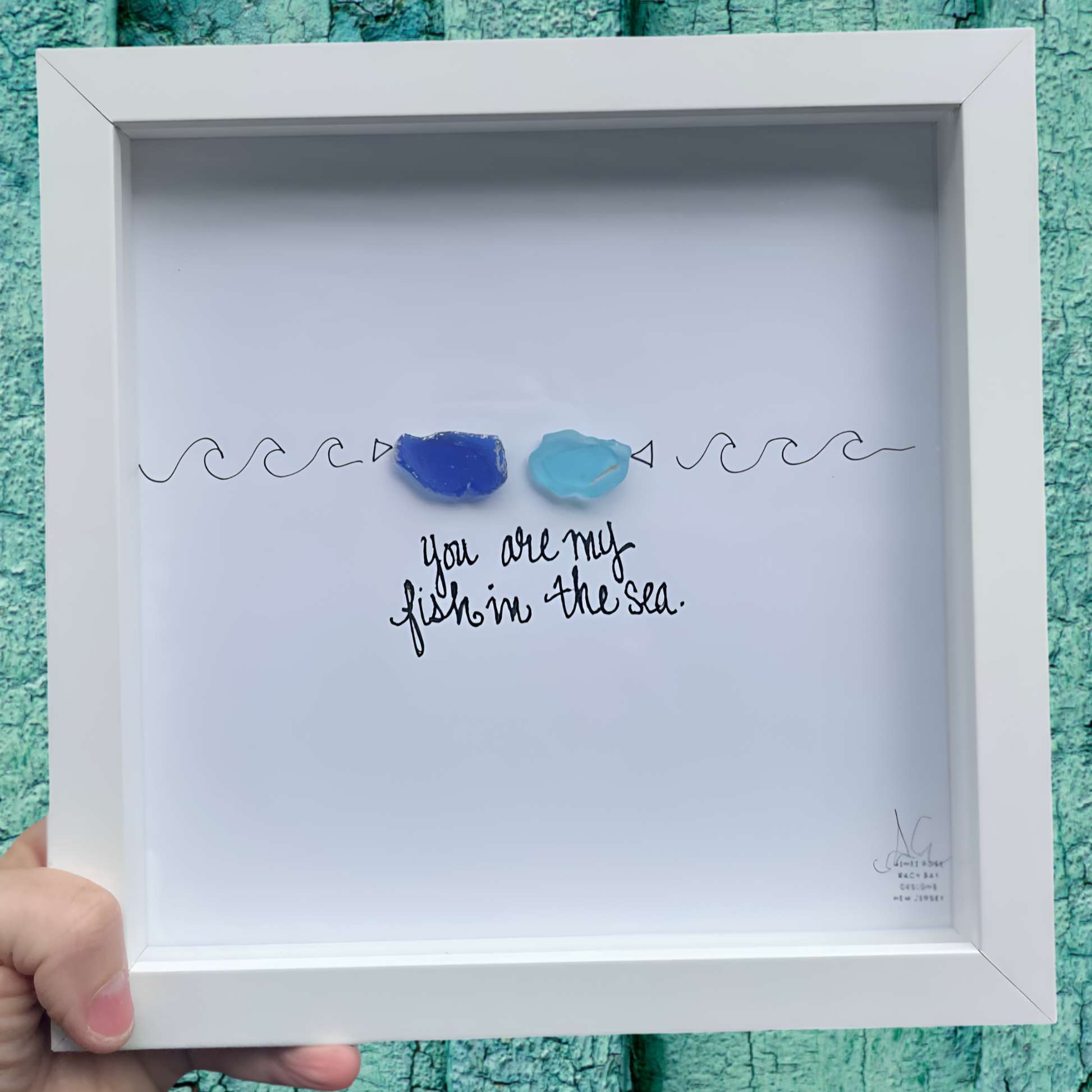 Framed artwork with two fish kissing you are my fish in the sea - sea glass art 