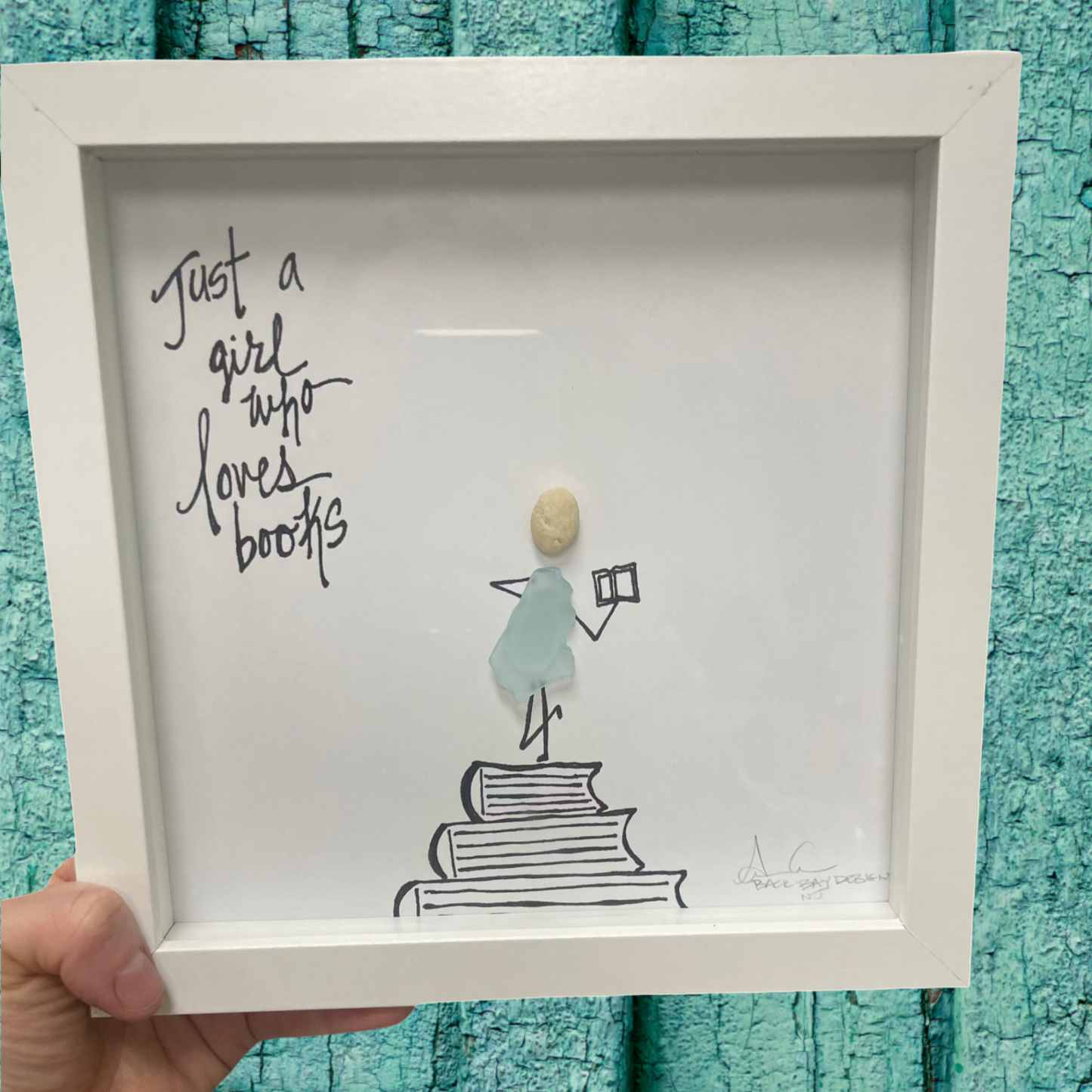 Girl who loves books 8 inch sea glass art 
