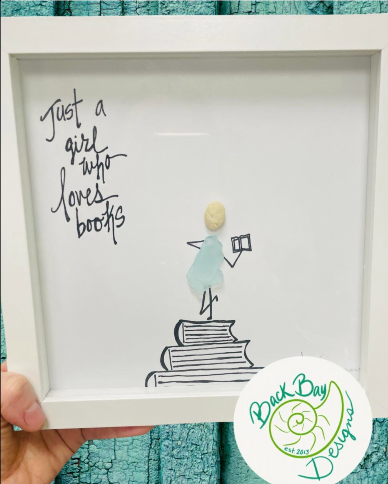 Girl who loves books 8x8 sea glass art light blue 