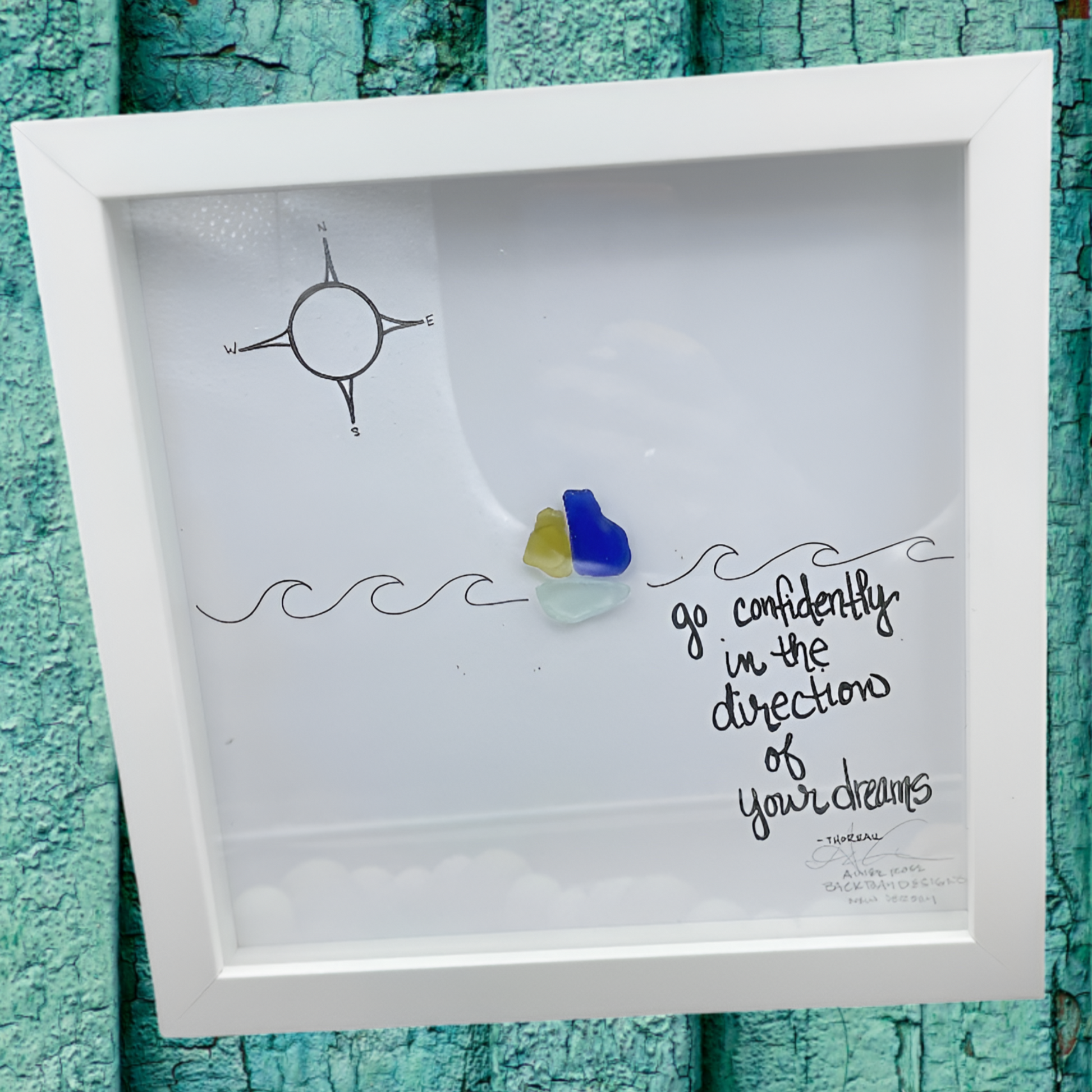 Framed quote go conidently in the directions of our dreams compass sailboat waves sea glass art 
