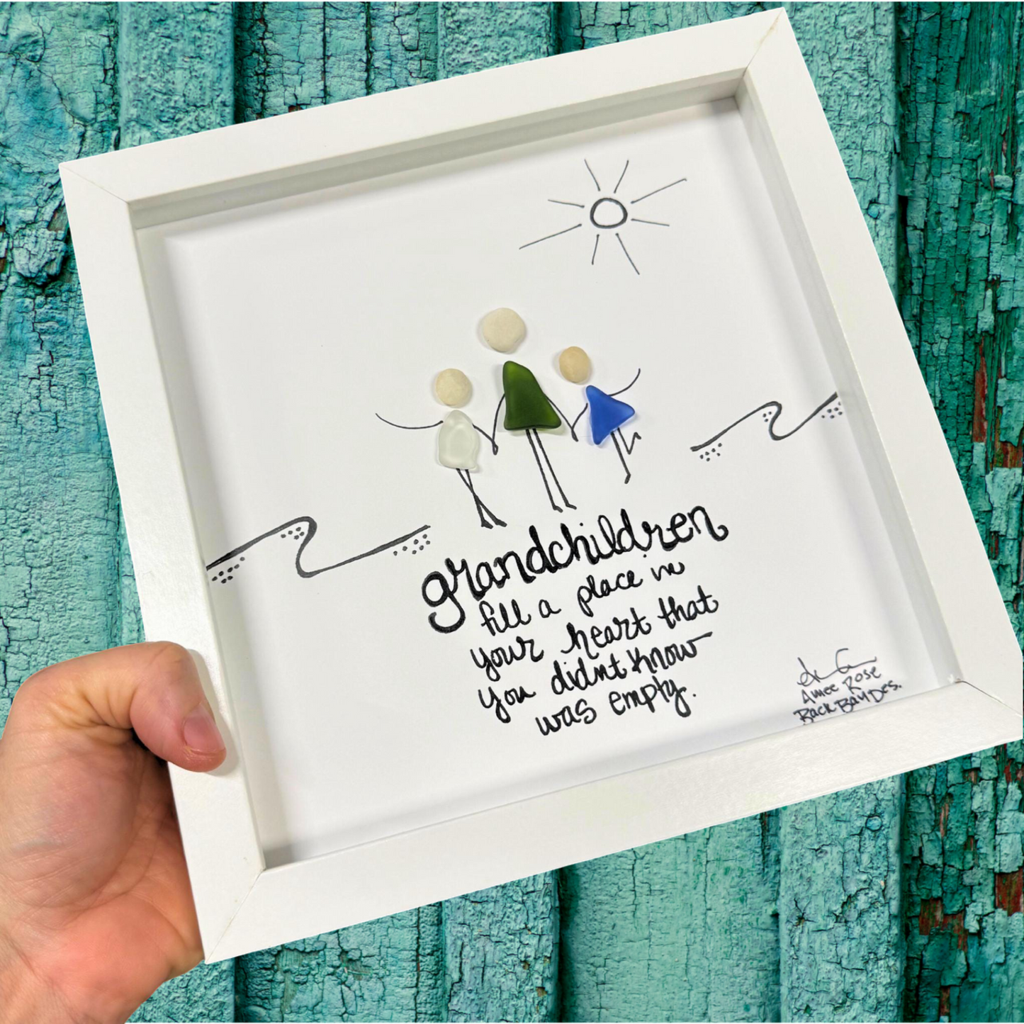 Grandchildren fill a place in the heart 8inch original sea glass art by BBD 