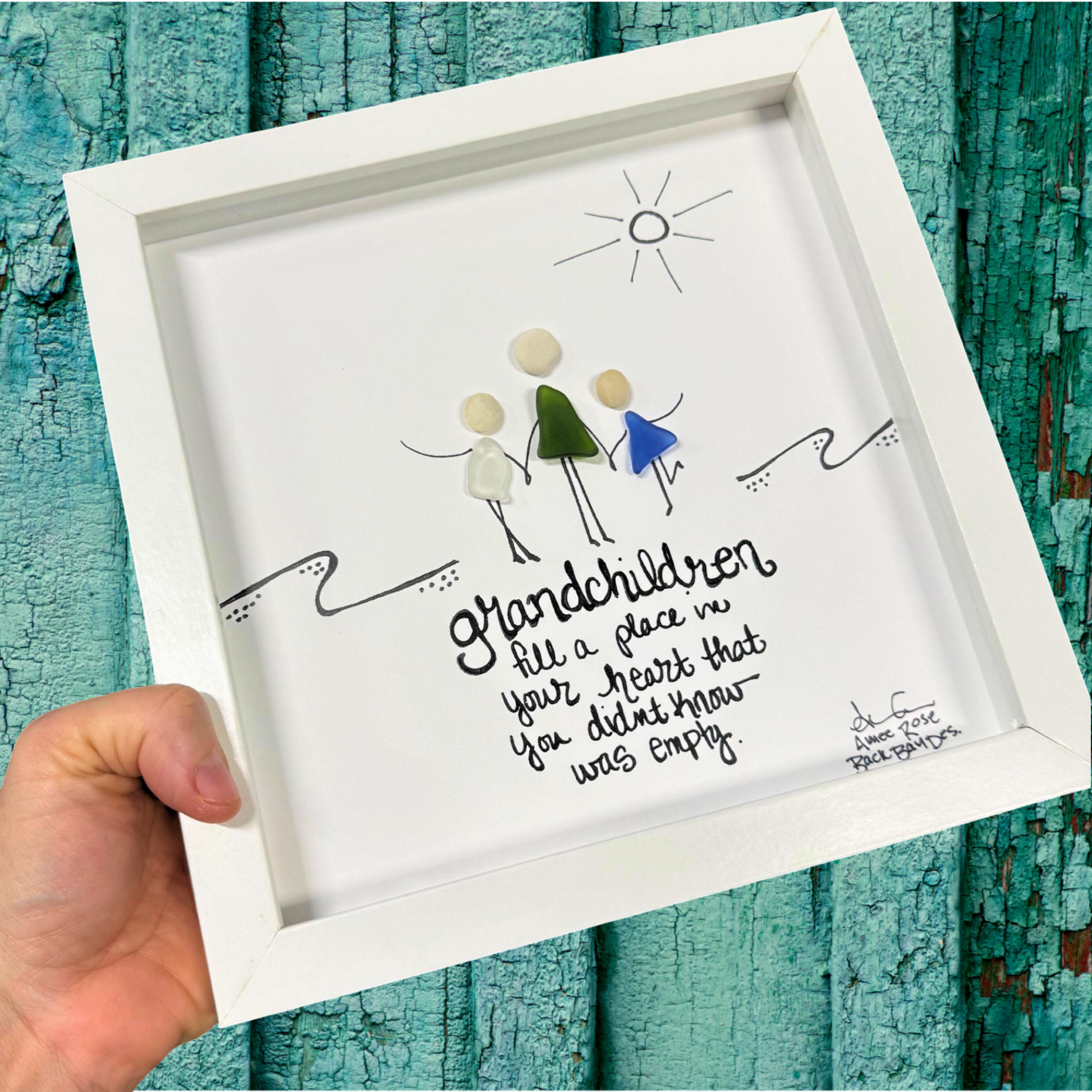 Grandchildren fill a place in the heart 8inch original sea glass art by BBD 