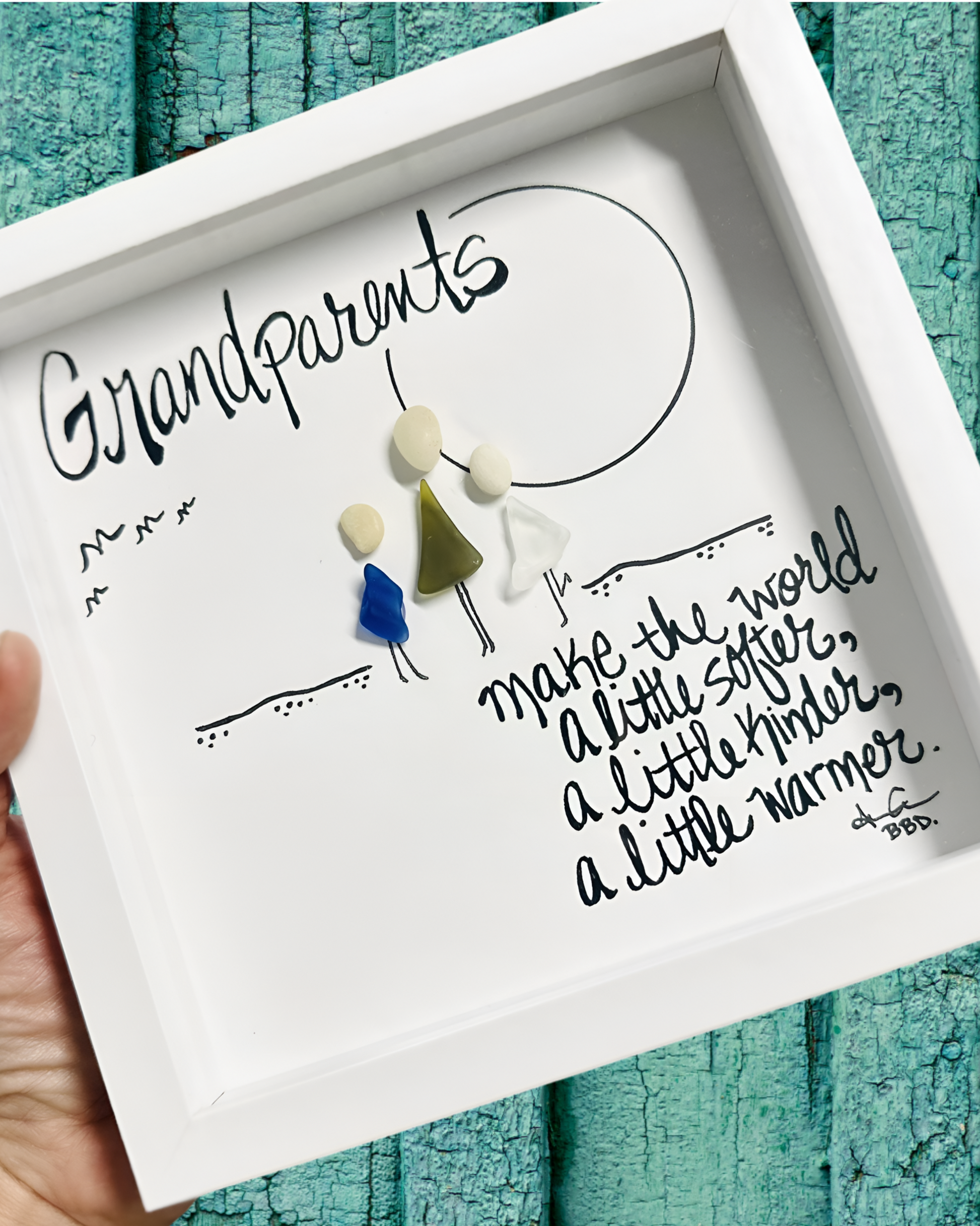 Decorative frame with 'Grandparents make the world a little softer, a little kinder, a little warmer' text and small figurines on a teal wooden background.