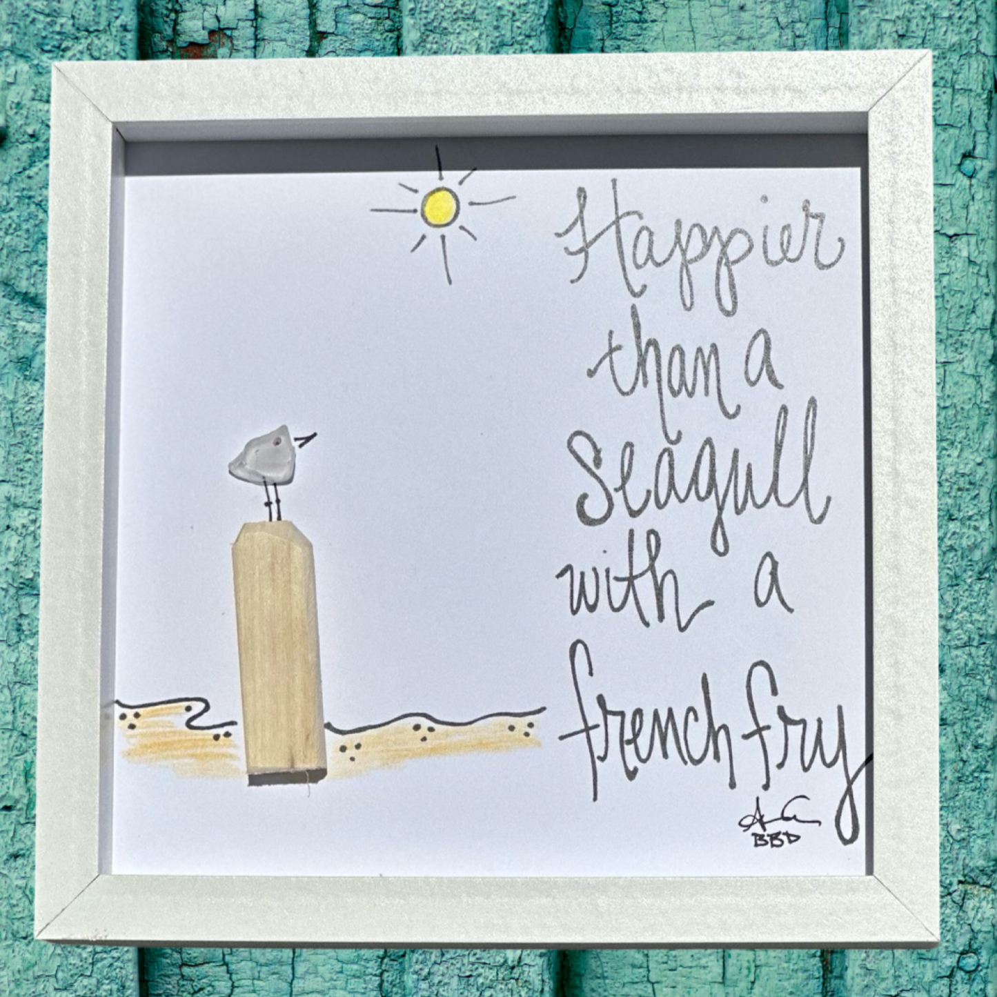 Seagull French Fry (with color)  MINI - Sea Glass Art - 6x6 Framed
