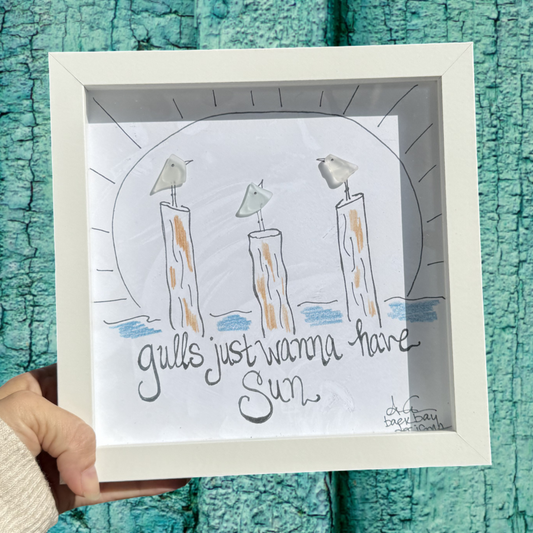Gulls Just Wanna Have Fun - 8x8 inch Sea Glass Art of 3 seabirds on pilings in water with big sun 