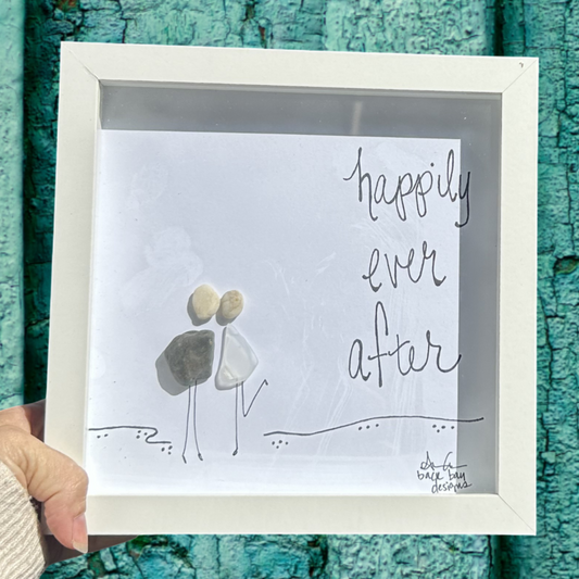 Happily ever after couple on beach 8x8 inch framed sea glass art 