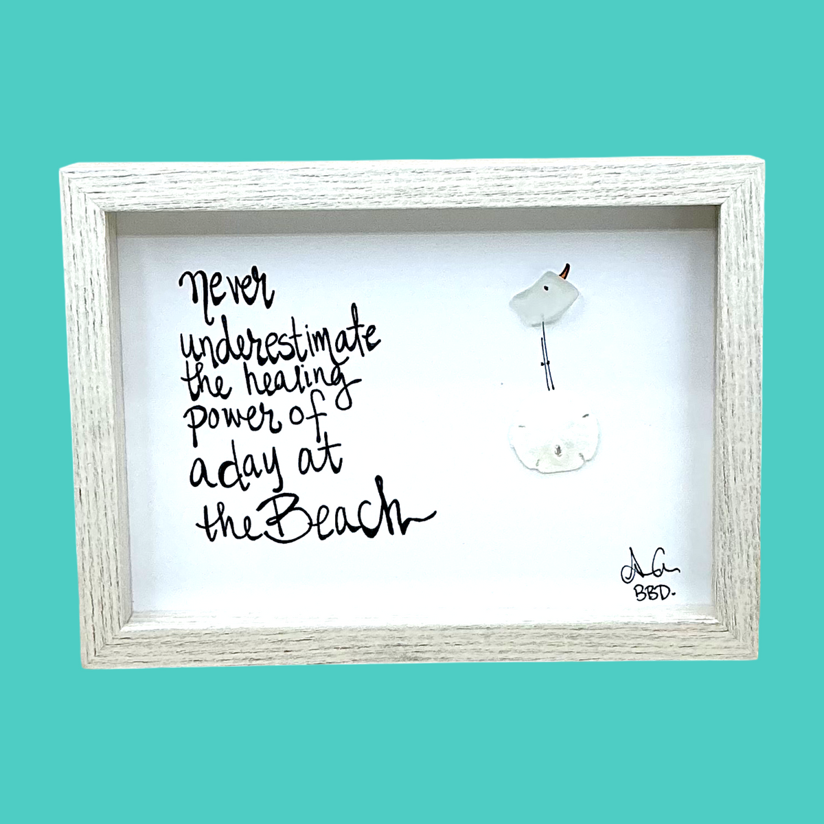 Healing Beach- SLIM Sea Glass Art,  5x7 Whitewash Frame