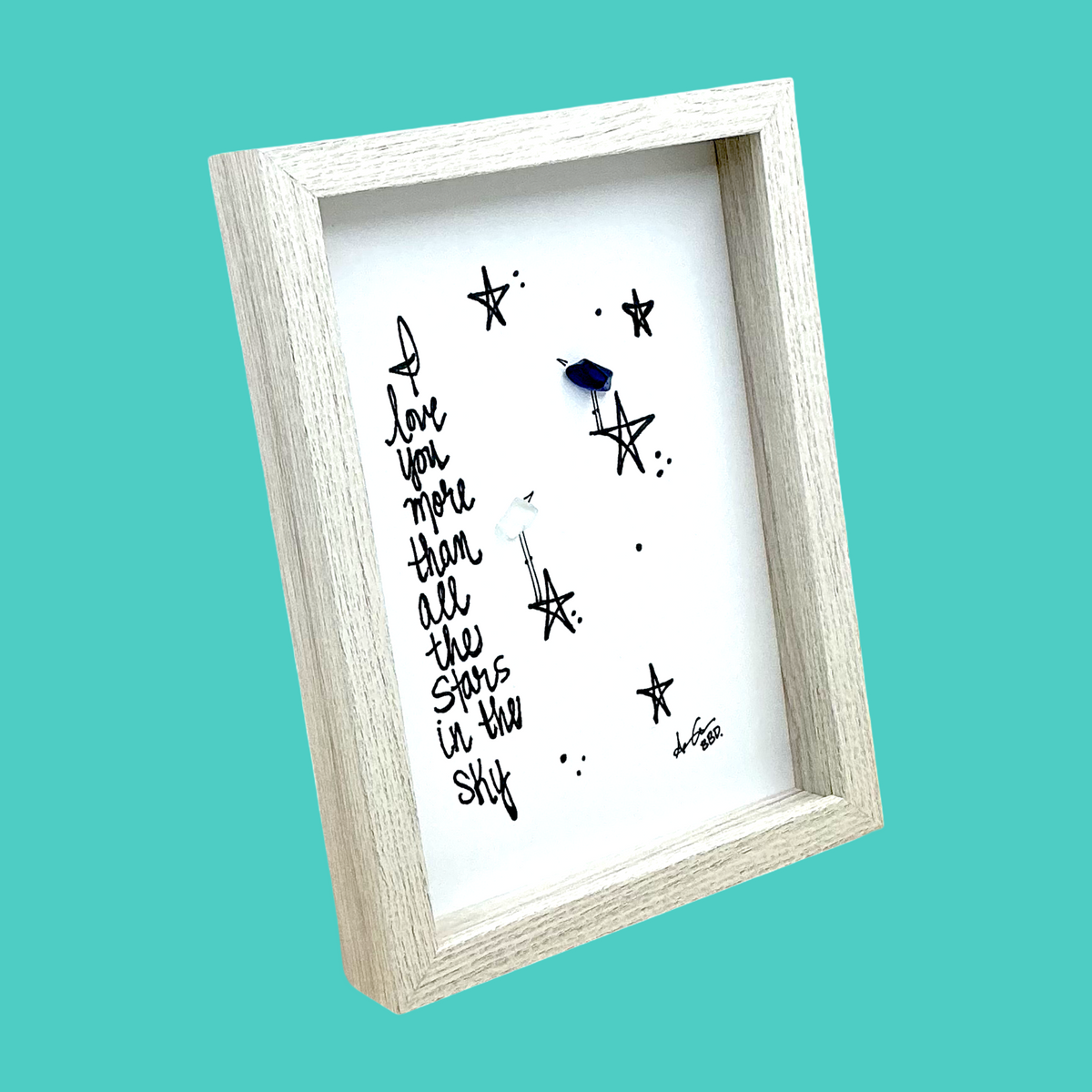 Love You More Than All The Stars In The SkyCelestial- SLIM Sea Glass Art,  5x7 Whitewash Frame