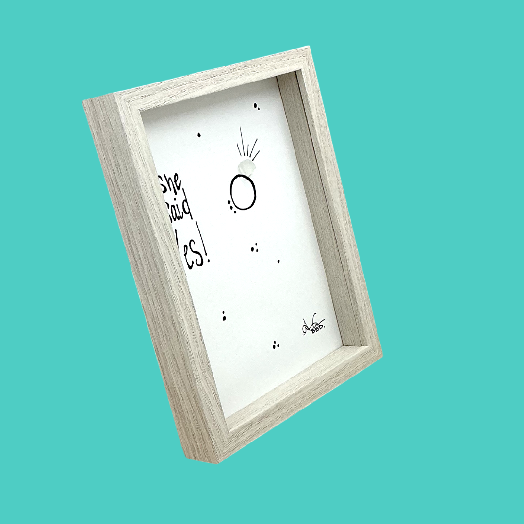 Engagement She Said Yes! - SLIM Sea Glass Art,  5x7 Whitewash Frame