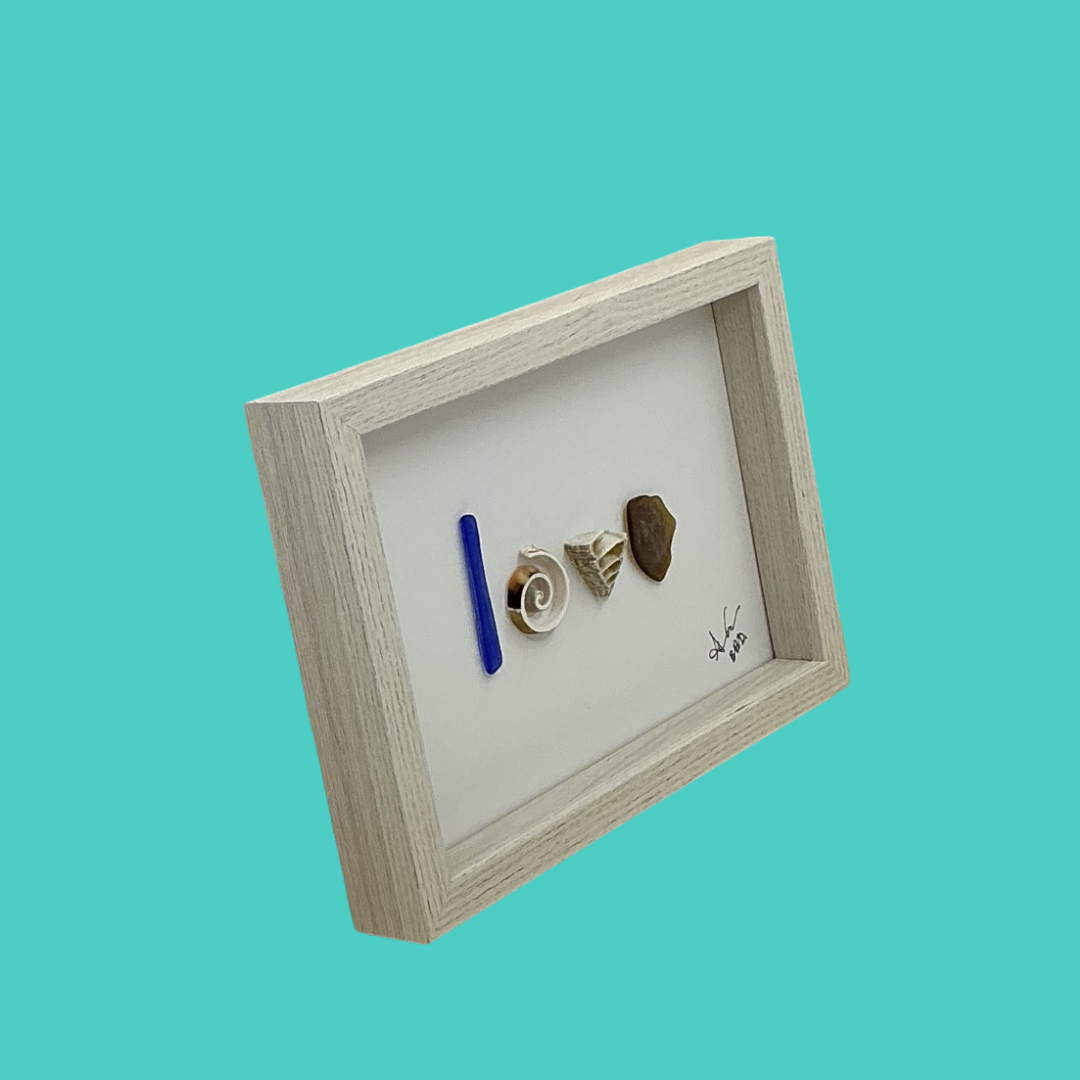 Love in Shells - SLIM Sea Glass Art,  5x7 Whitewash Frame