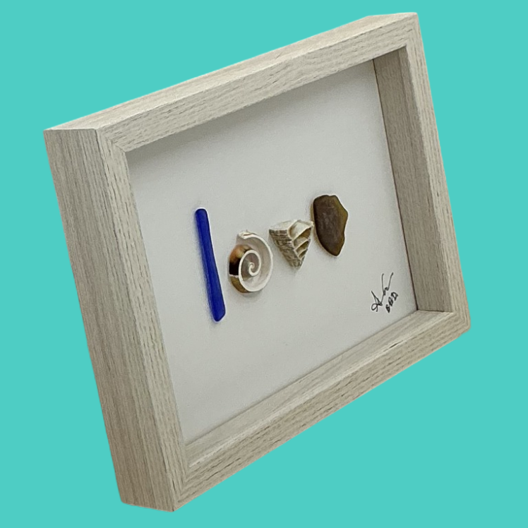 Love in Shells - SLIM Sea Glass Art,  5x7 Whitewash Frame