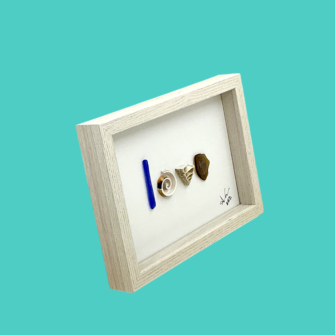 Love in Shells - SLIM Sea Glass Art,  5x7 Whitewash Frame
