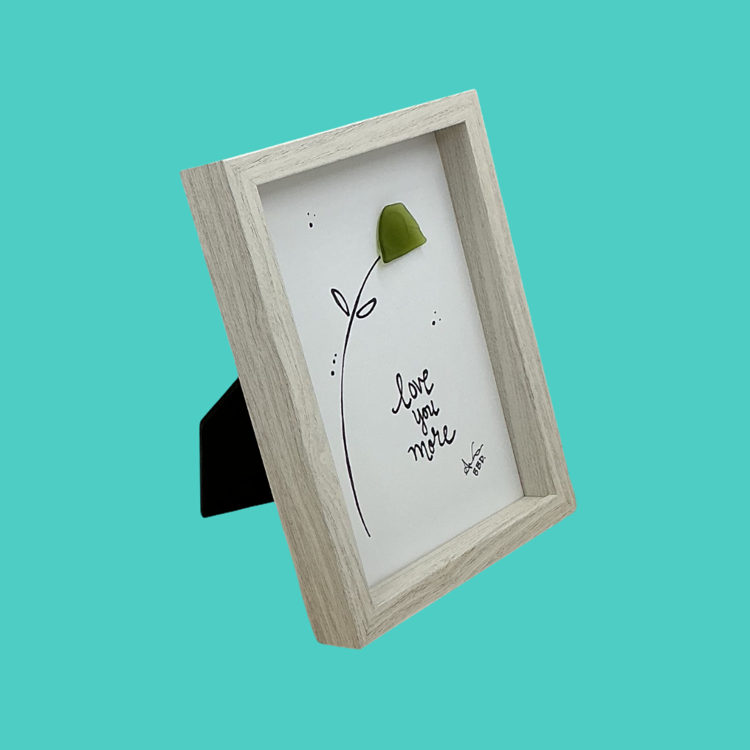 Love You More Flower- SLIM Sea Glass Art,  5x7 Whitewash Frame
