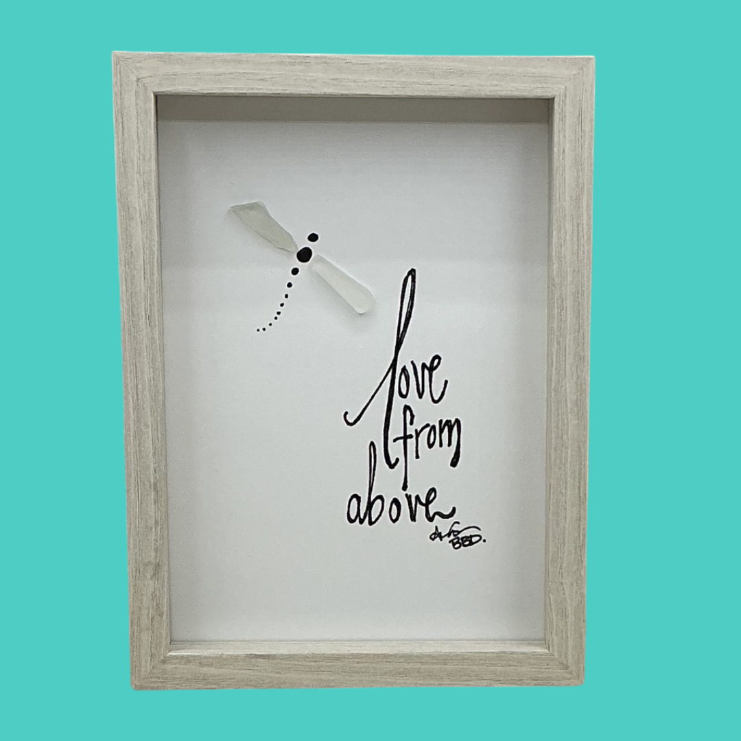 Love From Above Dragonfly - Remembrance SLIM Sea Glass Art,  5x7 Whitewash Frame