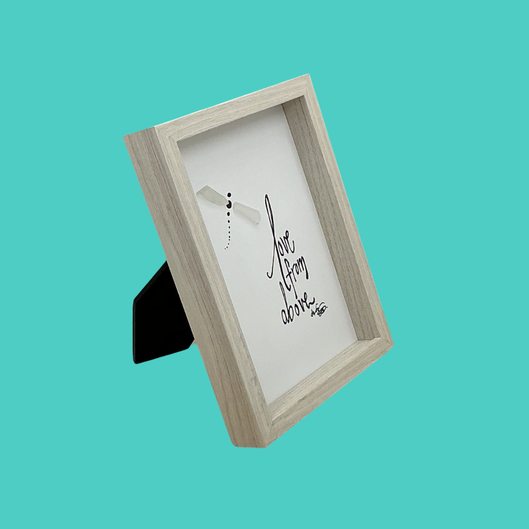 Love From Above Dragonfly - Remembrance SLIM Sea Glass Art,  5x7 Whitewash Frame