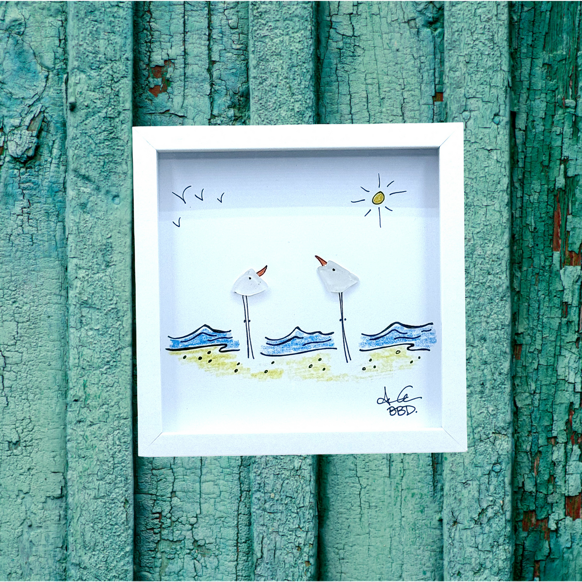 2 Seabirds on Beach MINI - Sea Glass Art - 6x6 Framed