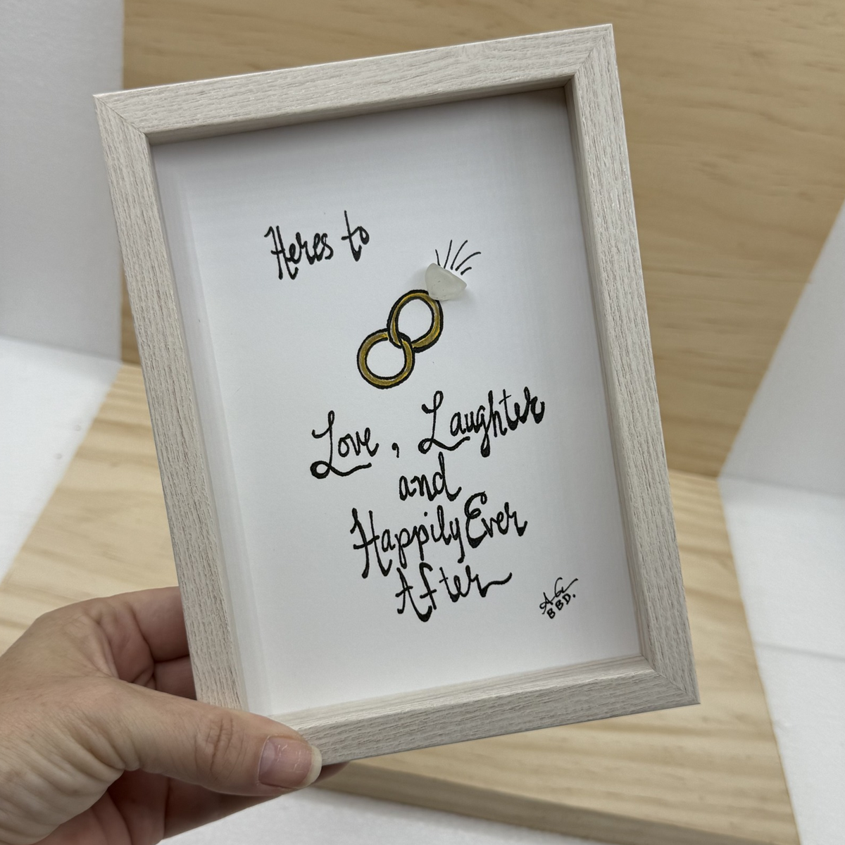Wedding Love Laughter Happily Ever After - SLIM Sea Glass Art,  5x7 Whitewash Frame